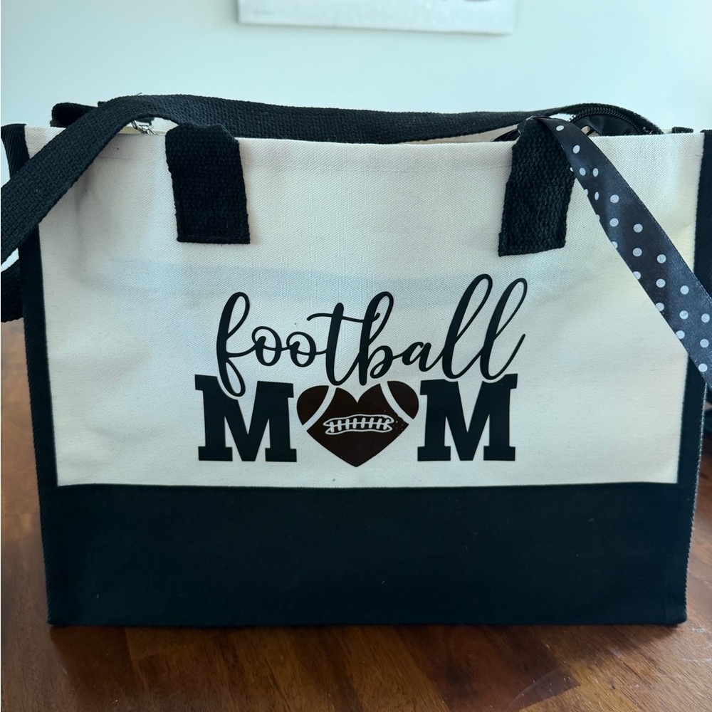 Football Mom Canvas Tote Bag in Black and Cream